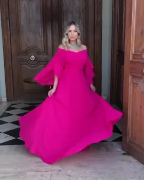 

Elegant Long Sleeves Off Shoulder Formal Evening Dress Chiffon Plus Size Simple Custom Women Prom Dresses Cheap Gala Party Gowns