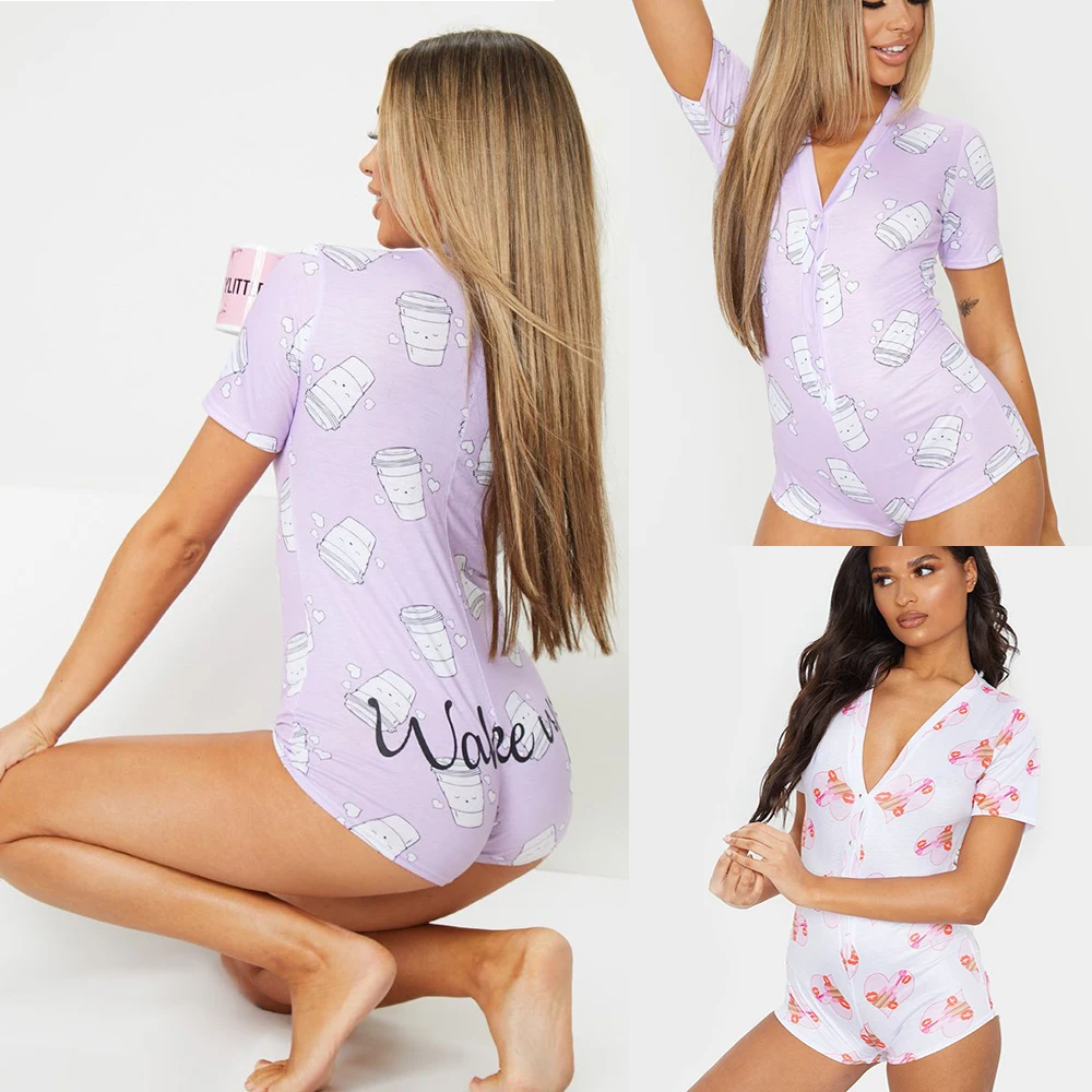 

Female Nightwear Floral V-Neck Short Sleeve Jumpsuit Stretch Button Bodysuit Pajamas Girls Leotard Printed Sleepwear Overalls