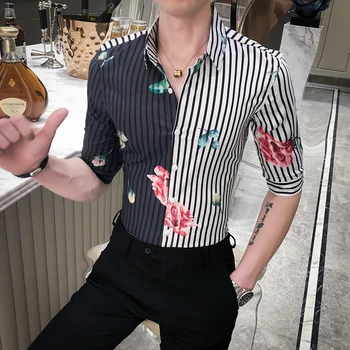 

2020 Summer Men Striped Shirt Fashion Patchwork Color Half Sleeve Mens Casual Shirts High Quality Slim Fit Floral Shirt Tuxedo