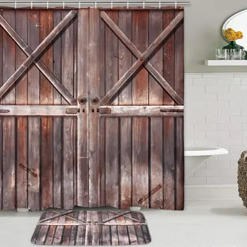 

Rustic Style Shower Curtain Farm house Wooden Barn Door Shower Curtain Bathroom Decoration Bathroom Curtain Doormat Set