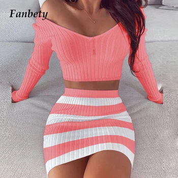 

women sexy off shoulder Two Piece Sets dress 2020 Striped V Neck Slim Knit Soft dress Sets Lady Casual Elegant Mini Party Dress