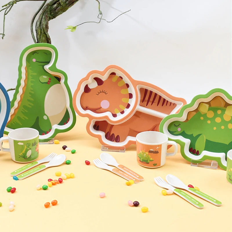 Cartoon creative bamboo fiber children's tableware set dinosaur baby Dishes kids dinner plate feeding training bowl fork spoon | Мать и