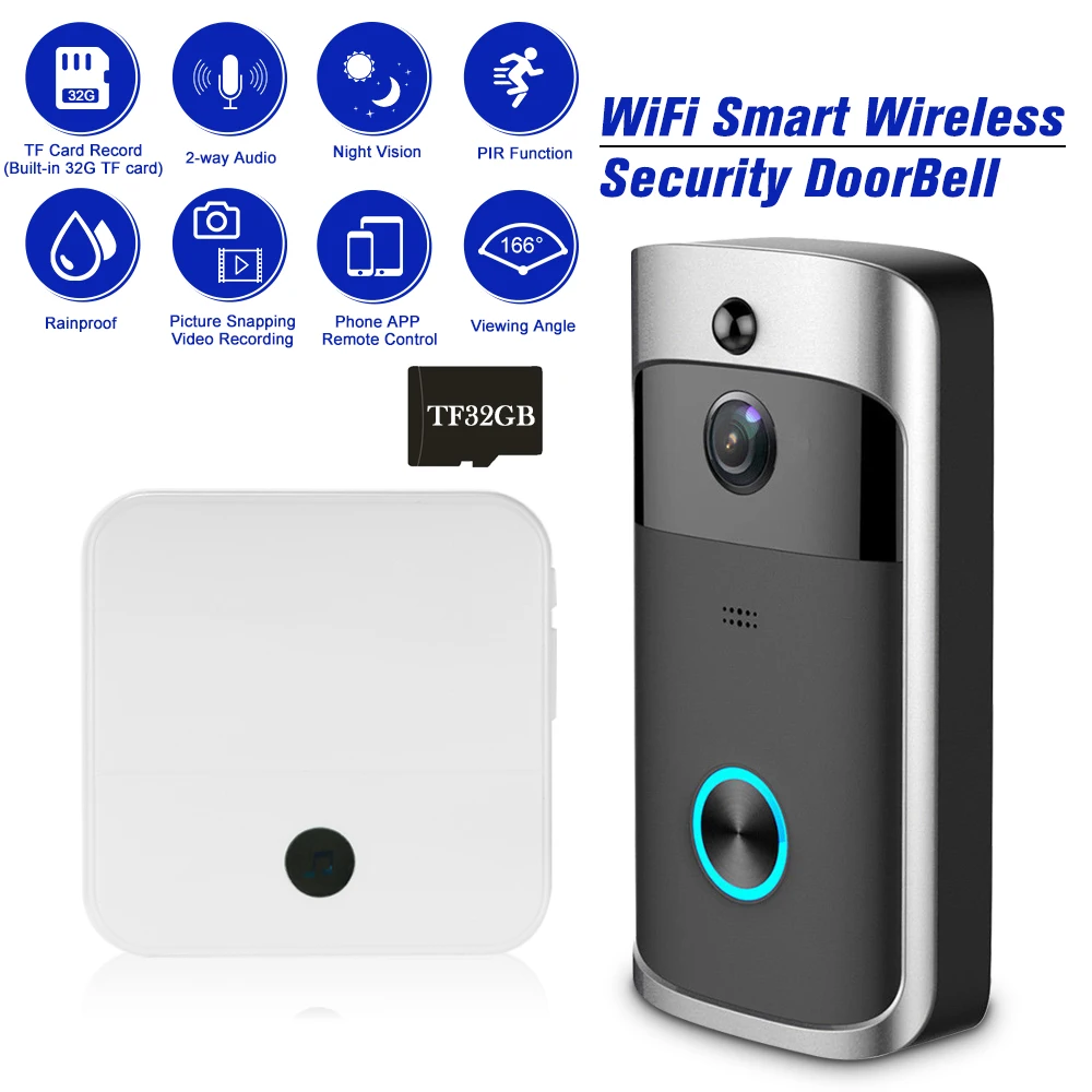 

WiFi Smart Wireless Security DoorBell 720P Visual Intercom Recording Video Door Night Vision Built-in 32G TF Card with Doorbell