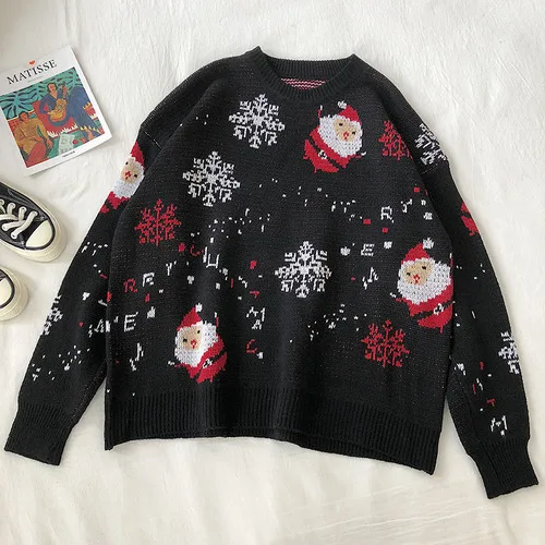 Neploe Ins зима, рождественские свитера для мужчин и женщин, вязаный теплый пуловер с круглым вырезом, одежда для влюбленных Санта Клауса - Цвет: black