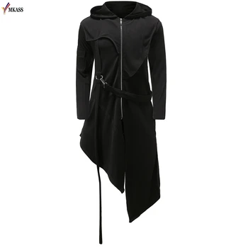 

2019 Autumn New Men Punk Style Jackets Gothic Belt Swallow-Tail Coat Long Sleeved Vintage Halloween Long Uniform Men Trench