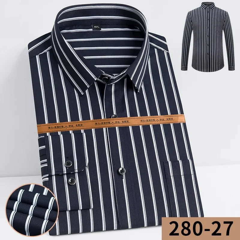 2022 New Solid Male Plus Size Regular Fit Stripe Business Shirt White Blue High Quality  Men Dress Long Sleeve Shirt men's short sleeve dress shirts