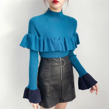 

Winter Long Flare Sleeve Stand Collar Sweaters Women Warm Ruffles Sweaters Lady Ruffled Knitted Pullovers Female Ruffles Tops