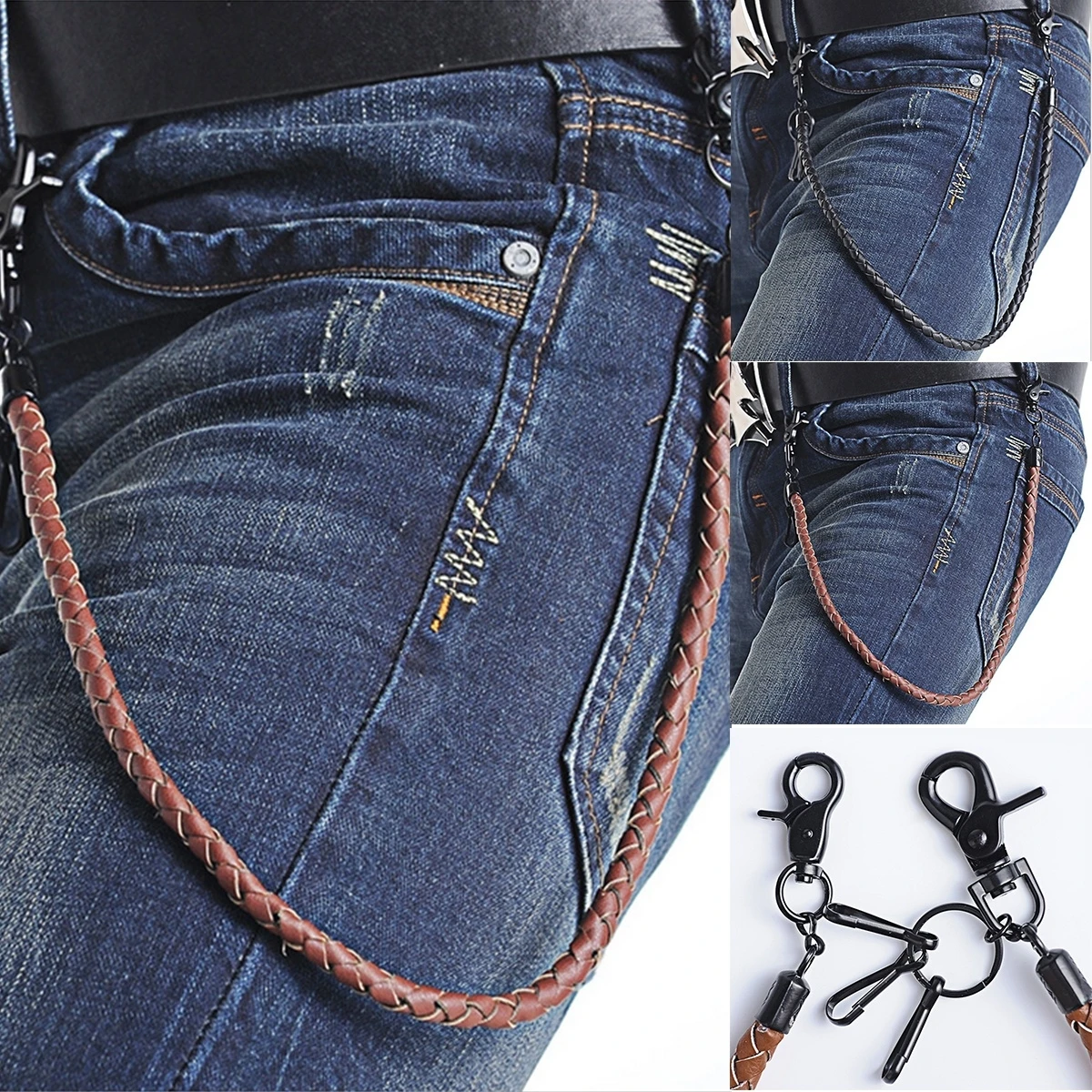 LLavero de motorista de cuero Punk clásico para hombres, cadena de Jeans, BILLETERA, cadena de cintura, accesorios de ropa de Rock