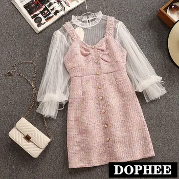 

2019 New Autumn Small Fragrance White Mesh Shirt + Sling Tweed Dress Two-piece Lady Girls Sweet Dress Set