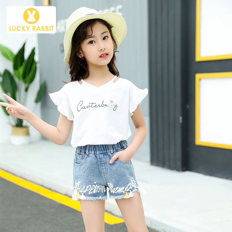 Summer Kids Girls 2 Piece 5-14 Year Old Girl Outfits Puff Sleeve T-shirt Two Piece Denim Short Girls Clothing Set