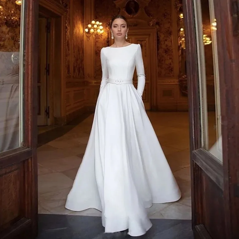 2021 Pure White Long Sleeve Evening Dresses Gowns With Sashes Floor Length Maxi Dress Special Occasion robe de soirée femme | Свадьбы и