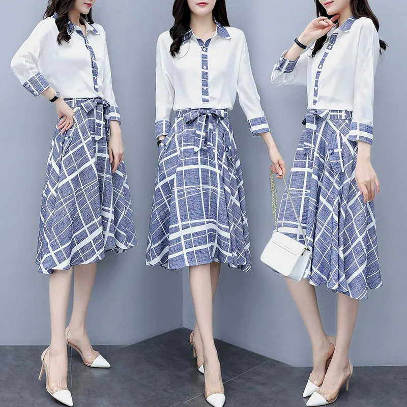 

Early Autumn Set 2019-Women's Elegant Slimming Chiffon Shirt Skirt Two-Piece Dress Waist Hugging Western Style Summer