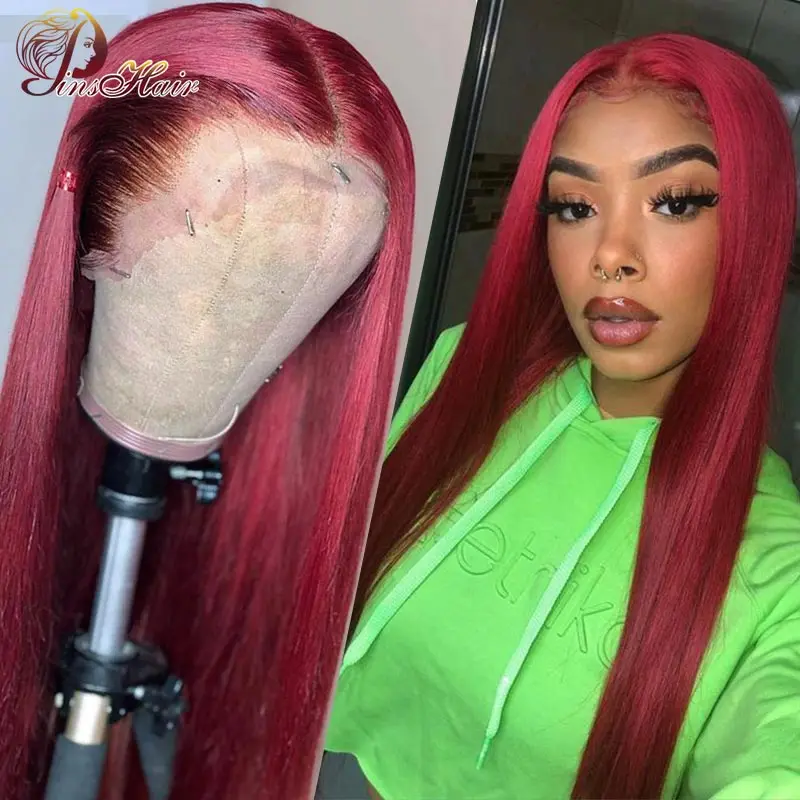 Borgoña 99J recta de encaje frente Peluca de cabello humano brasileño 99J 13*1 peluca con malla frontal alfileres Pre arrancó cabello Remy 180% de densidad