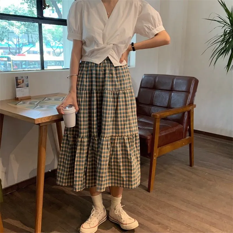Женская клетчатая плиссированная трапециевидная юбка, женская зеленая юбка длиной до щиколотки, летняя Осенняя Корейская женская Повседневная Милая юбка Kawaii