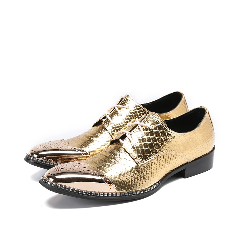 Soulier zapatos dorados con cordones para hombre, calzado Formal de estilo italiano, con diseño de pez, piel auténtica, Punta puntiaguda|Zapatos - AliExpress