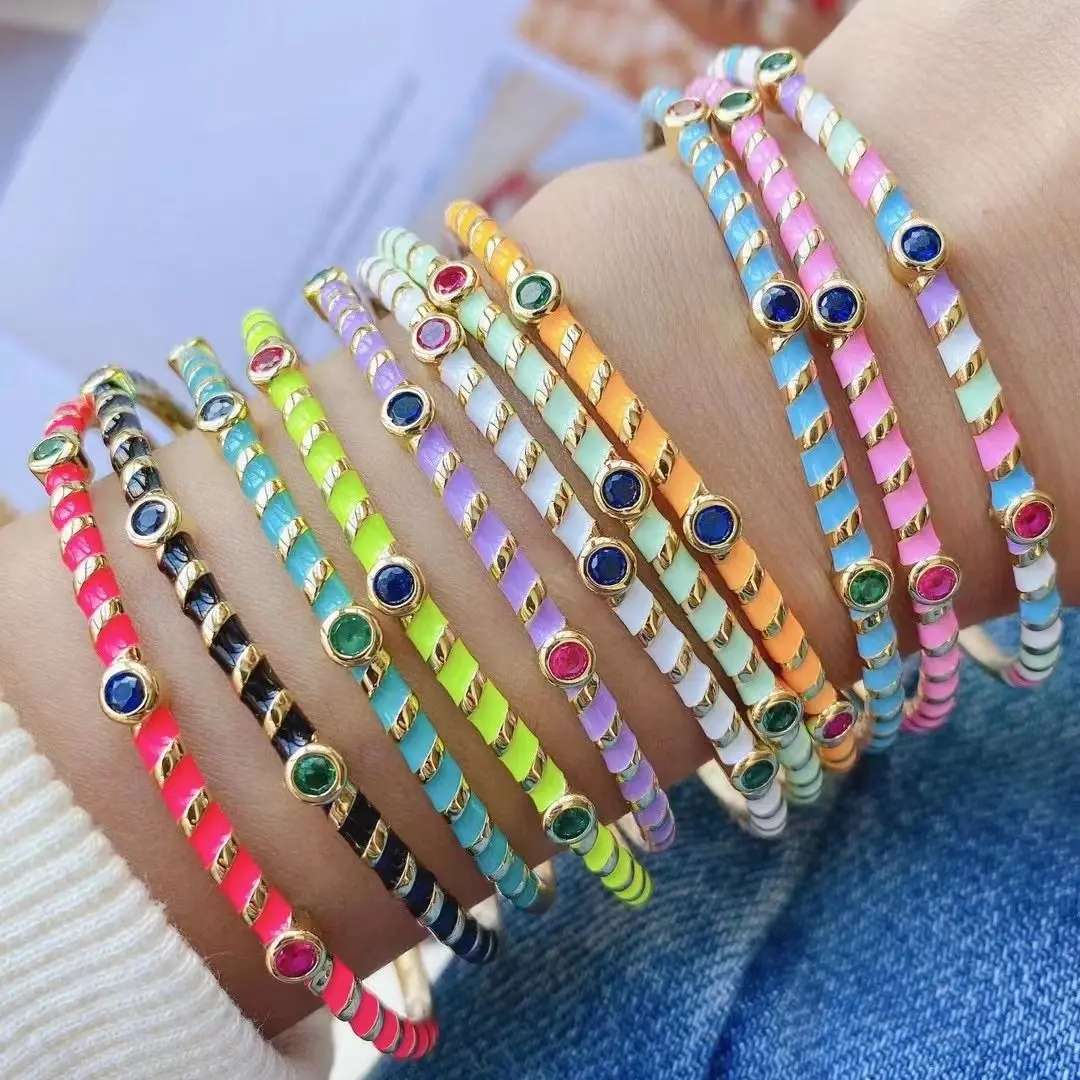3pcs, Colorful Enamel Bangles & Bracelets For Women Round Crystal