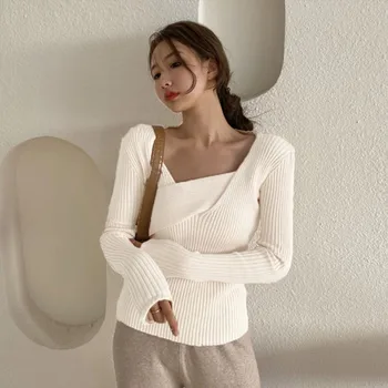 

Women Long Sleeve Sweaters Casual Square Collar Sweaters Slim Knitted Pullovers