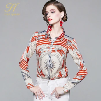 

H Han Queen 2019 Autumn Blouses Women Vintage Print Ladies Tops Chiffon Long Sleeve Casual Blouse Female Work Wear Office Shirts