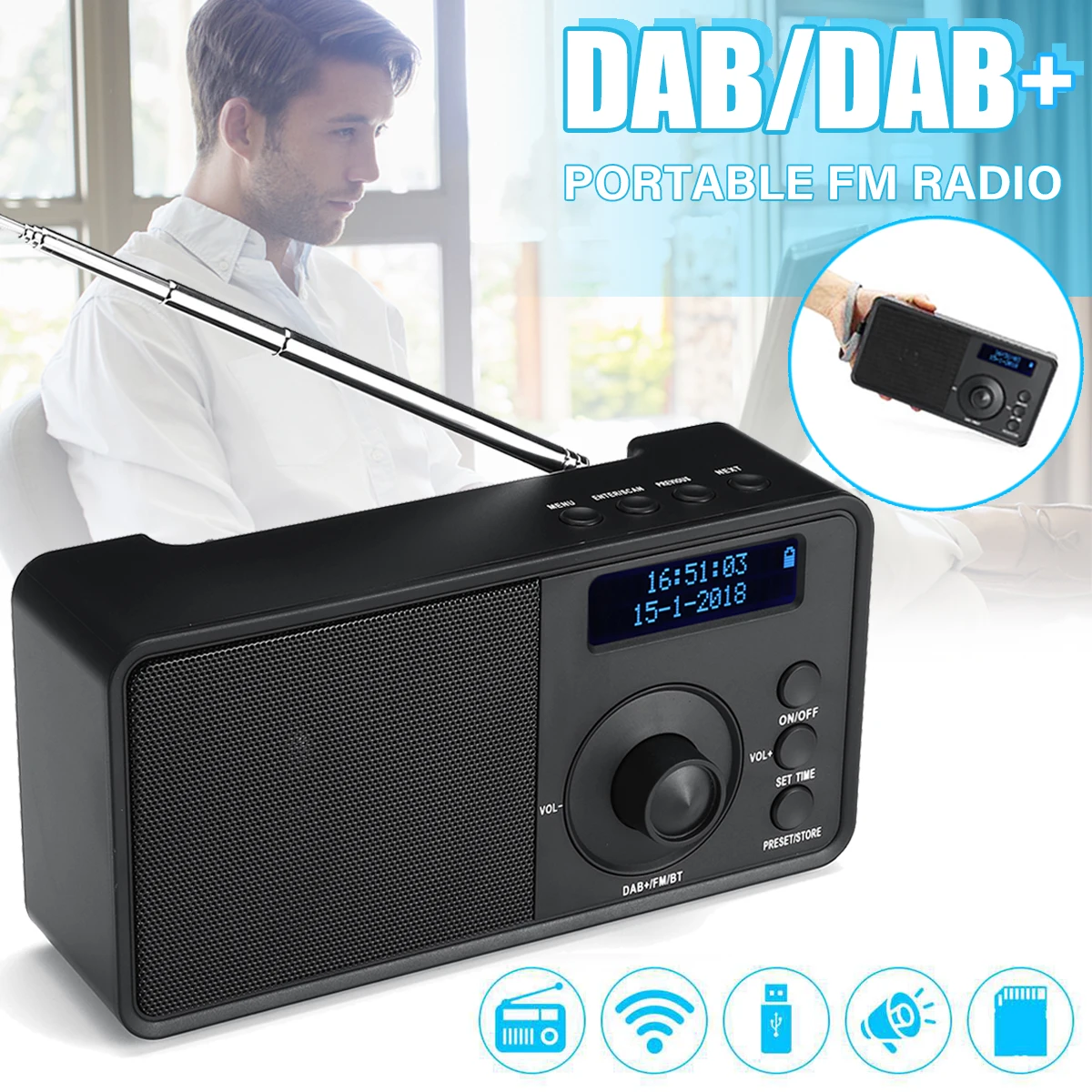 Цифровой DAB+ FM радио плеер приемник портативный bluetooth Мини Радио стерео динамик музыкальный плеер ЖК-будильник подарки для пожилых