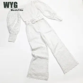 

High Quality Hollow Out Lace Pants Set 2020 Spring Summer New Long Lantern Sleeve Crop Tops + White Lace Trousers