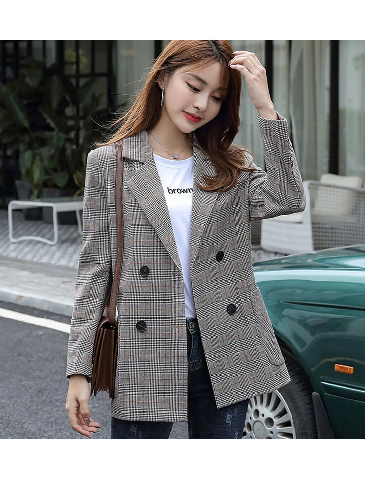 gray plaid Элегантный женский Блейзер, костюм, офисные женские модные блейзеры, куртки с зубчатым воротником, женские повседневные свободные костюмы и блейзер для женщин - Цвет: gray plaid