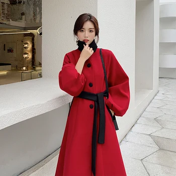 

Women Autumn Winter Hepburn Red Long Wool Coat Female A-line Bandage Overcoat Cloak Parka with Buttons Lantern Sleeve