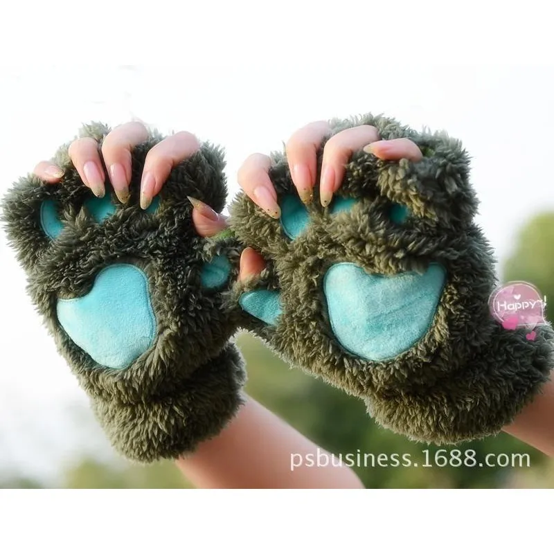 Женские зимние теплые милые Утепленные перчатки с мультяшными пушистыми медвежьими лапами, подарок для влюбленных, милые перчатки без пальцев, свободный размер, 7 цветов - Цвет: Зеленый
