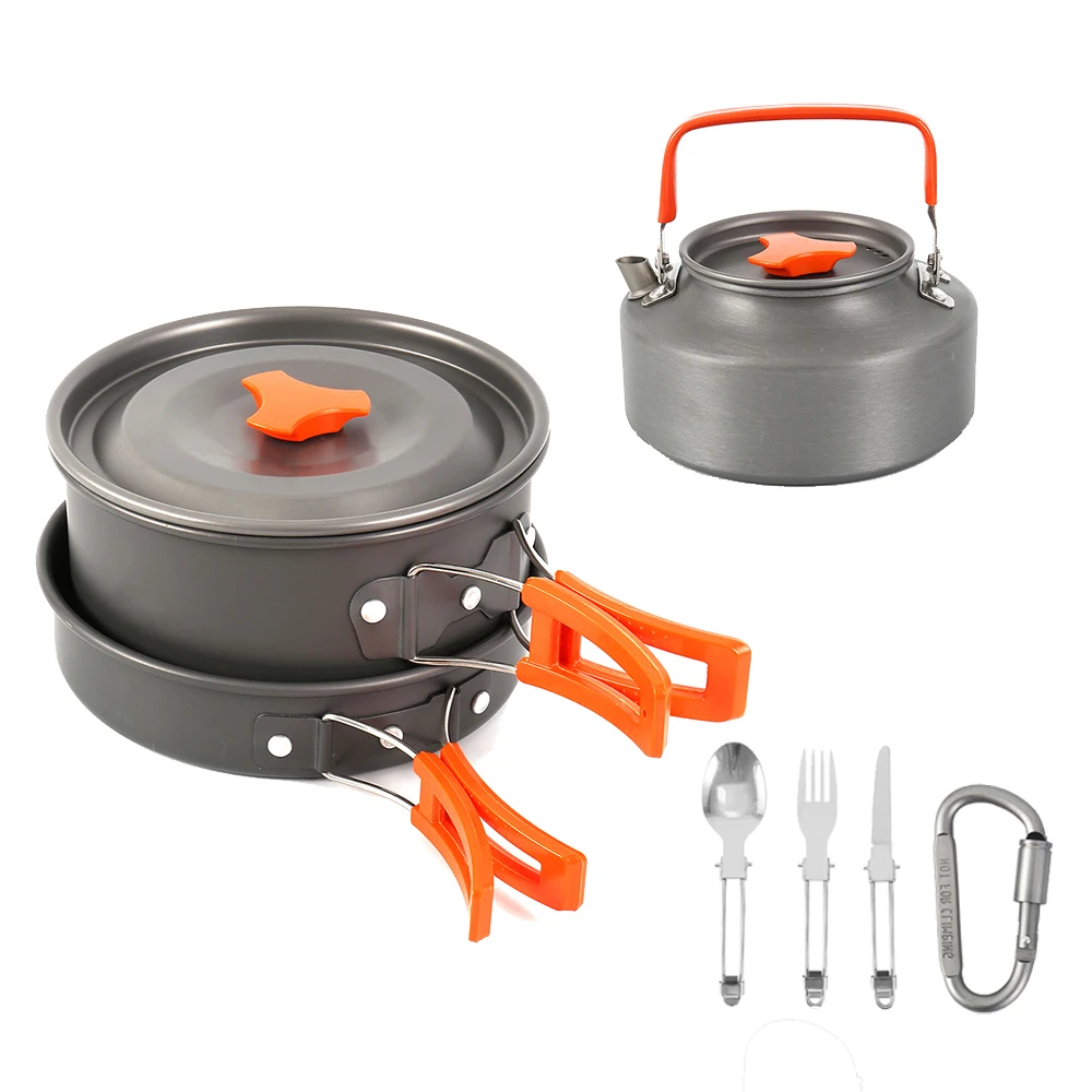 

Aluminum Alloy Hiking Picnic Tourist Tableware Set With Folding Spoon Fork Knife Non-stick Pot Pan Outdoor Camping Trip Cookware