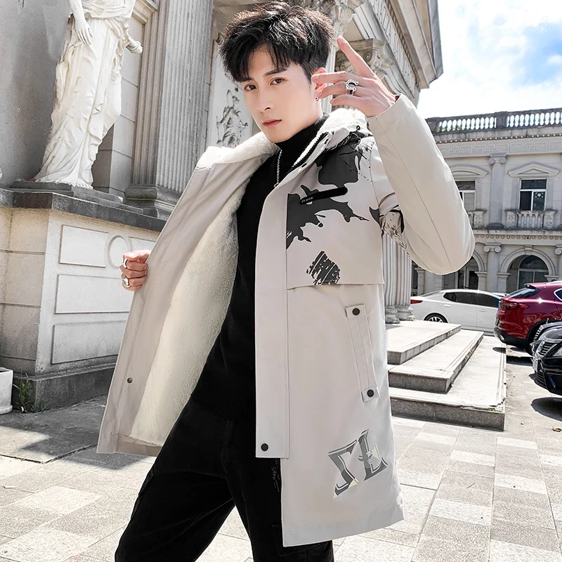 UYUK Jacket men 2019 autumn Korean version trend long coat section windbreaker winter Thick Cotton velvet Japan Style Black UYUK Jacket men 2019 autumn Korean version trend long coat section windbreaker winter Thick Cotton velvet Japan Style Black