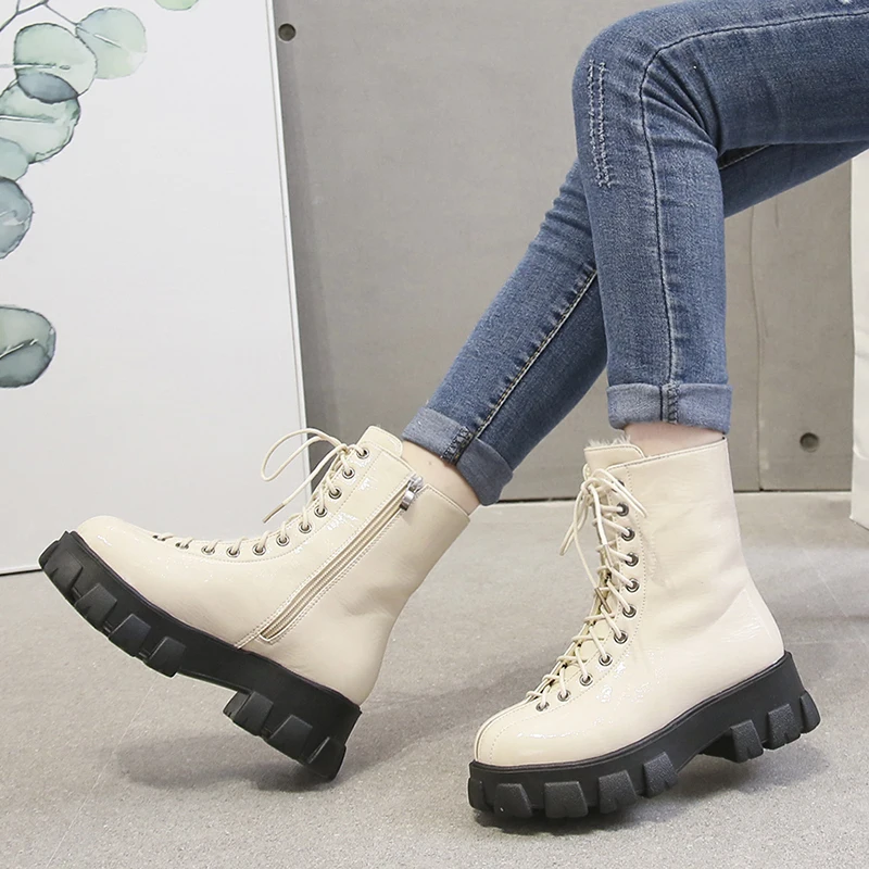 women's patent leather warm plush motorcycle boots autumn winter fashion thick platform lace up ankle boots female shoes