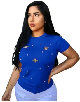 Осенние новые женские футболки с бусинами и бабочкой, однотонные Женские топы с длинными рукавами, футболки, большие размеры S-XL XXL - Цвет: Синий