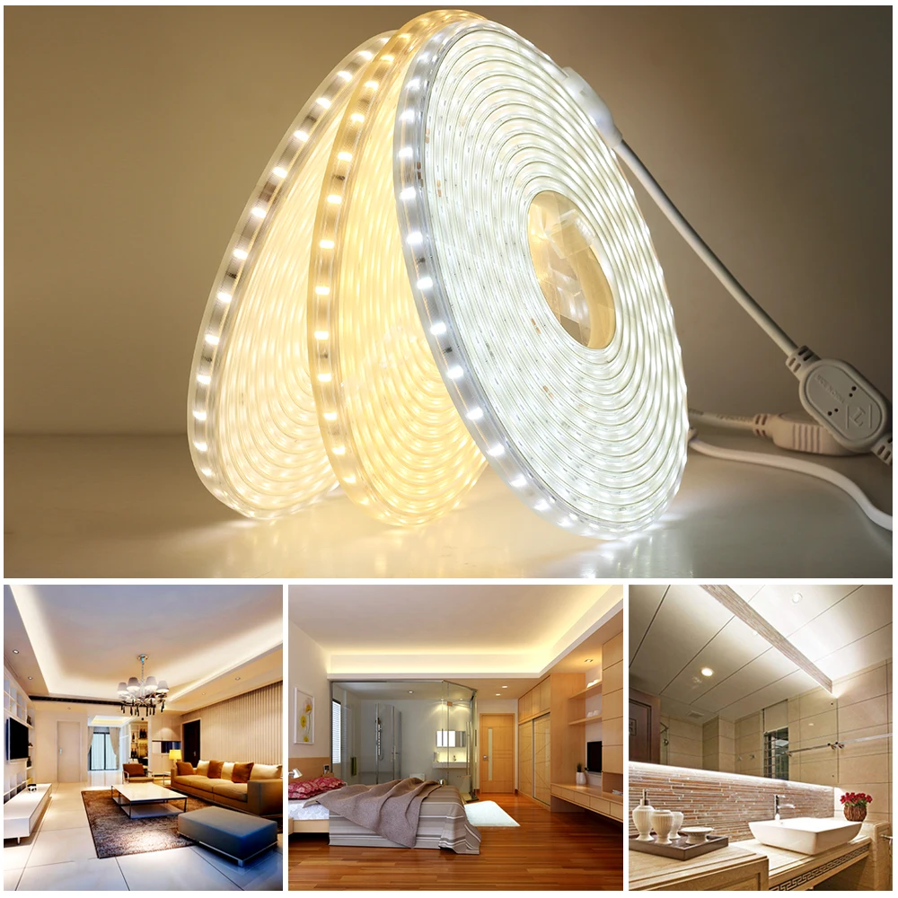 High Brightness 220V LED Strip Light Soft Lighting Diode Tape Waterproof Flexible LED Strip 2835 for Indoor Outdoor Decoration