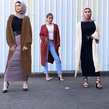

Casual Muslim Women's Outwear Knitted Coat Sweater Hoodies Abaya Cardigan Robes Kimono Long Robe Jubah Arab Eid Ramadan Islamic