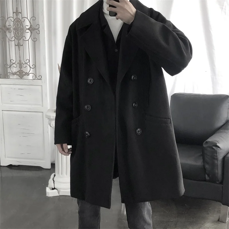 Winter Thick Double-sided Woolen Coat Men's Fashion Solid Color V-neck Woolen Jacket Men Streetwear British Style Long Overcoat Winter Thick Double-sided Woolen Coat Men's Fashion Solid Color V-neck Woolen Jacket Men Streetwear British Style Long Overcoat