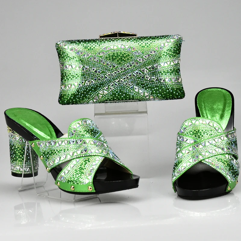 Green Color Matching Shoes and Bag Set Decorated with Rhinestone Nigerian Women Wedding African | Обувь