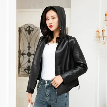 

European Style Real 100% Sheepskin Genuine Women Coats Fashion Sheepskin Genuine Leather Full Sleeve Hooded H889