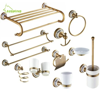 

AUSWIND Antique Brushed Brass Porcelain Base Bathroom Hardware Set Bronze Ceramic Bathroom Products with Flower Decoration