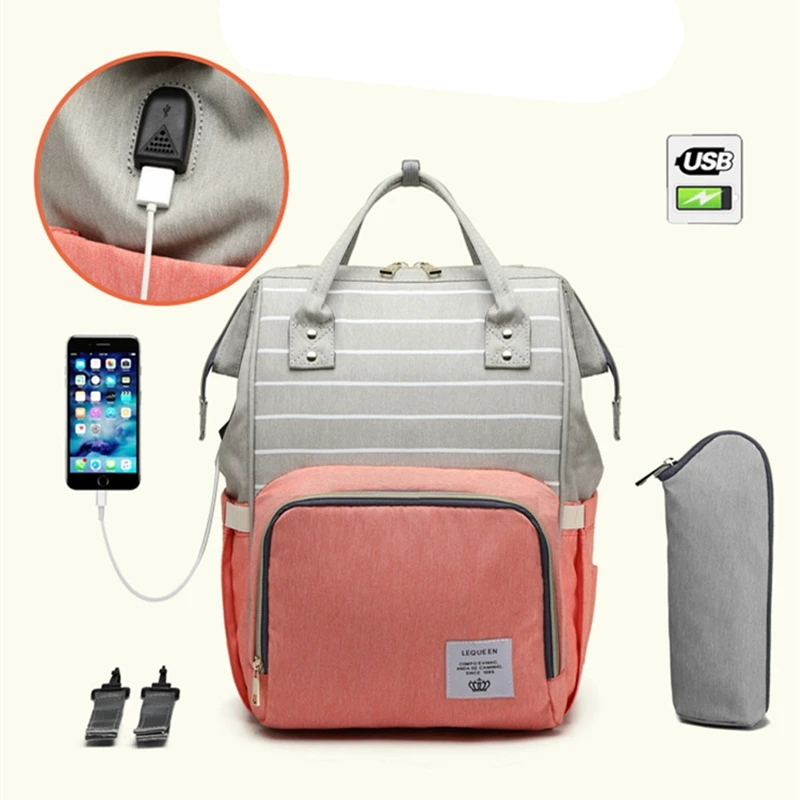 LEQUEEN Модные USB молодых мам сумка из узорчатой ткани большой кормящих сумка рюкзак дизайнерская коляска мешок по уходу за ребенком рюкзак