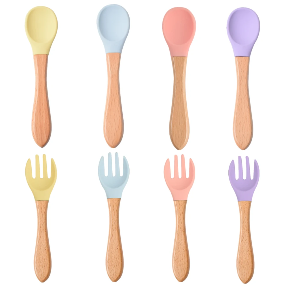 2pcs Wooden Handle Silicone Spoon Fork Set Baby Feeding Utensils Kid