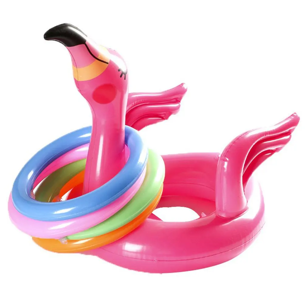 Portable Inflatable Flamingo Head Hat With 4Pcs Toss Rings Water Game For Family Party Pink PVC Material Pools & Fun Toys