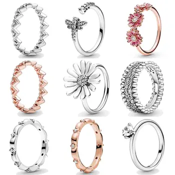 

Pave Daisy Flower Trio Dragonfly Freehand Hearts Beaded Ring With Crystal 925 Sterling Silver Ring For Women Pandora Jewelry