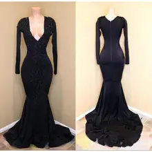 Сексуальное черное платье русалки для выпускного вечера vestido de festa вечернее платье с длинным рукавом глубокий v-образный вырез Официальные Женские импортируемые Платья для вечеринок