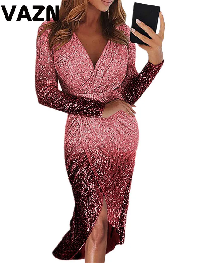 VAZN Autumn Bling Bling Party Street Vintage Night Club Sexy Slim Young Mini Dress Long Sleeve dress Women Dress
