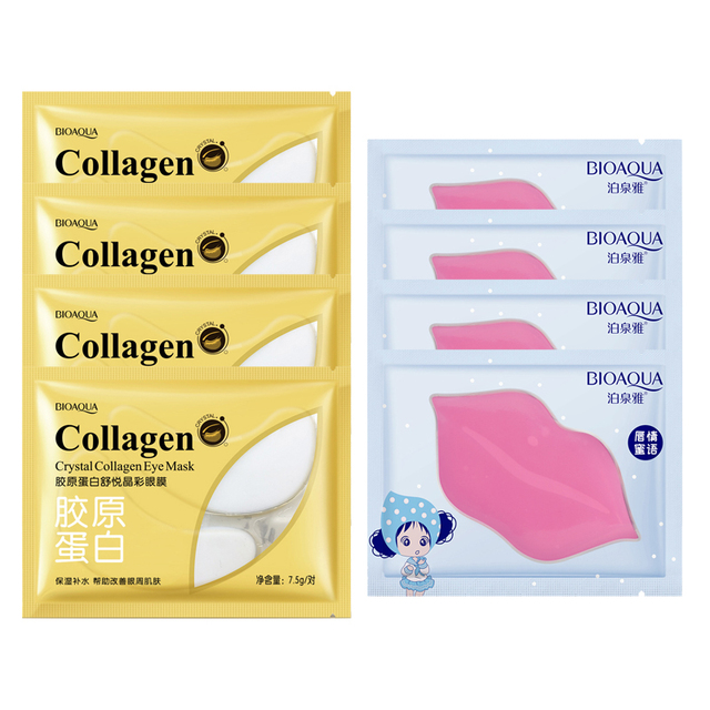 Eye Mask Combination 4pcs Moisturing Nourishing Lips Mask 4Pairs Collagen Anti-Aging Wrinkle Dark Circles Eye Patch Skincare