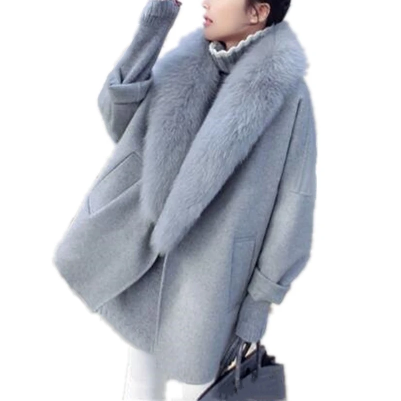 Женские осенне-зимние пальто с воротником из искусственного меха шерстяное пальто и куртка женское свободное шерстяное пальто верхняя одежда - Цвет: Серый