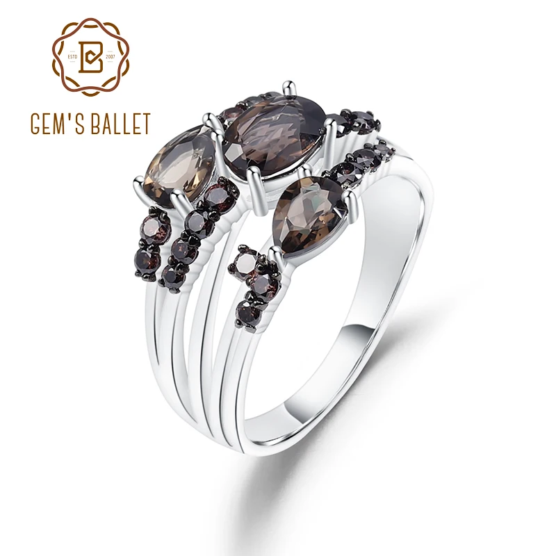 GEM'S BALLET 1.62Ct Natural Smoky Quartz Gemstone Rings 925 Sterling Silver Three Stone Band Ring For Women Fine Jewelry GEM'S BALLET 1.62Ct Natural Smoky Quartz Gemstone Rings 925 Sterling Silver Three Stone Band Ring For Women Fine Jewelry