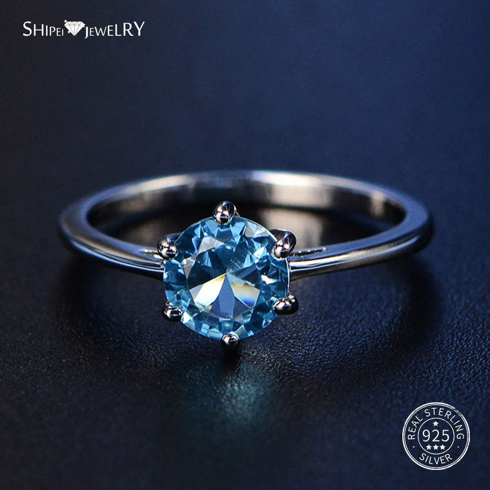 Shipei стерлингового серебра 925 пробы, круглые сапфировые кольца для женщин, изысканные ювелирные изделия, идеально вырезанные круглые драгоценные камни, кольцо обручальное Размер 4-12 - Цвет камня: Lightblue