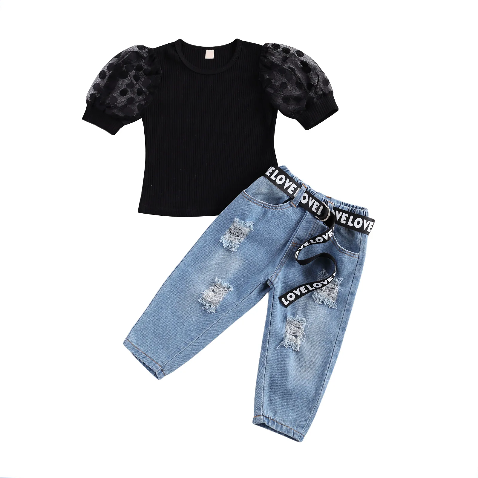 2-7Y Kids Baby Girl Clothes Sets Summer 2Pcs Mesh Puff Sleeve Black T-Shirts Jeans Pants with Belt Child Outfit Streertwear | Детская