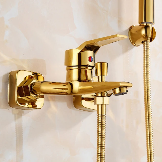 1ชุดอ่างอาบน้ำก๊อกน้ำเดี่ยวทองเหลืองมือถือ Golden Bath Shower Mixer Tap พร้อมฝักบัวอาบน้ำ Hand Wall Mount 4