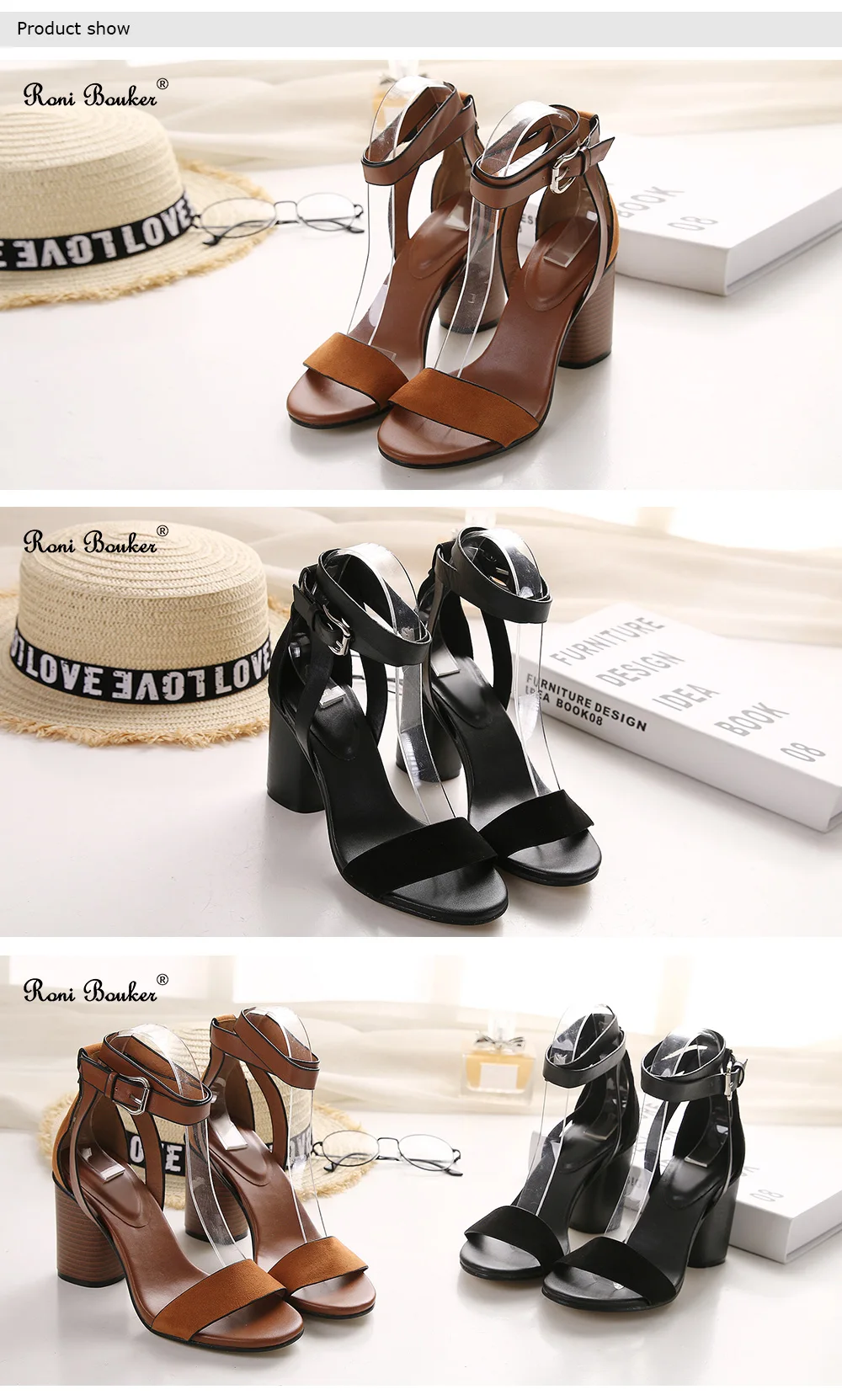 Roni Bouker/женские Босоножки на каблуке с ремешком на щиколотке Летняя обувь женские Босоножки с открытым носком на высоком массивном каблуке под вечернее платье большие размеры; цвет черный, коричневый